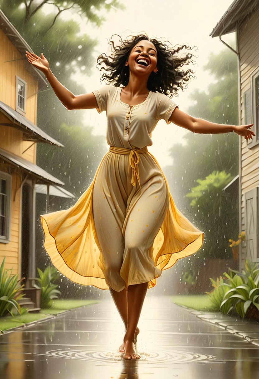 Jed-Pen,
A joyous woman dances barefoot in the middle of a summer downpour, arms outstretched and face turned upward. Droplets catch the golden glow of the late afternoon sun, creating a scene of pure, unfiltered happiness., folk-art style, bold simplified forms, flat perspectives, graphite color palette, narrative compositions, African American life, expressive texture, emotional depth, storytelling focus, unique light and shadow, direct and unembellished, personal and cultural heritage