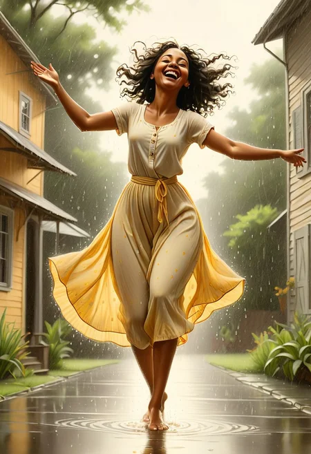 Jed-Pen,
A joyous woman dances barefoot in the middle of a summer downpour, arms outstretched and face turned upward. Droplets catch the golden glow of the late afternoon sun, creating a scene of pure, unfiltered happiness., folk-art style, bold simplified forms, flat perspectives, graphite color palette, narrative compositions, African American life, expressive texture, emotional depth, storytelling focus, unique light and shadow, direct and unembellished, personal and cultural heritage