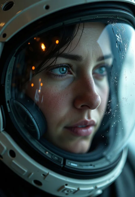 Imagine an image in the style of cinematic photorealism. Rain Carradine's face partially obscured by the cracked visor of a damaged helmet, her eyes reflecting the glow of distant explosions outside the space station. A fine mist of condensation forms on the glass, emphasizing her ragged breathing.