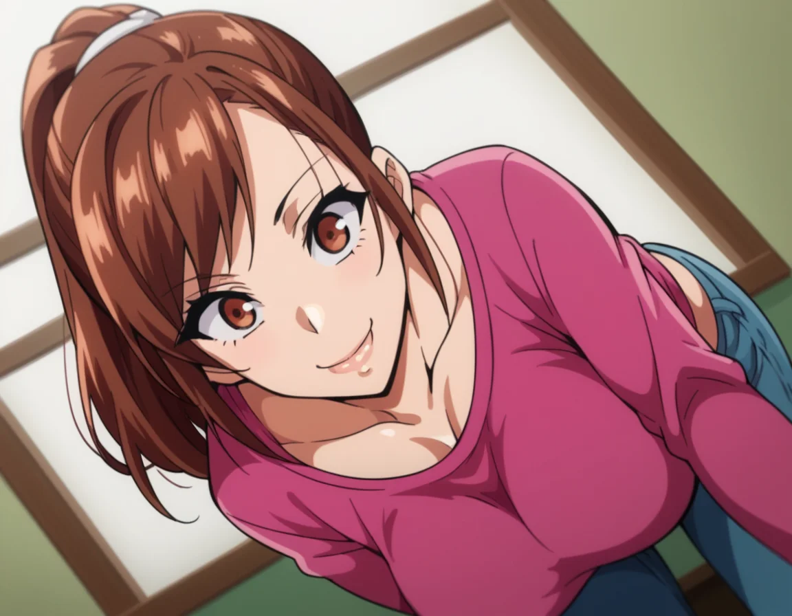 score_9, score_8_up, score_7_up, source_anime,
hisatoazuma, <lora:hisato-azuma-ova-ponyxl-lora-nochekaiser:1>,
hisato azuma, brown hair, brown eyes, large breasts,
shirt, ponytail, pink shirt, long sleeves, collarbone, pants, denim,
indoors, bent over, smile,
looking at viewer, cowboy shot, solo, dutch angle,