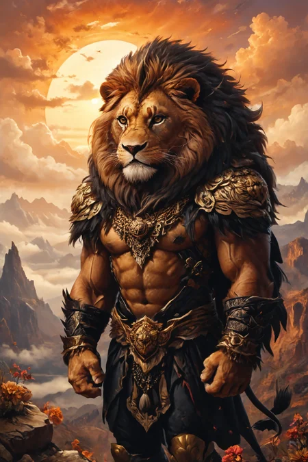 Detailed digital portrait of an anthro Lion (Silhouetted against the sunset, dramatic backdrop) at a Floating islands above cloud canyons, <lora:xl_more_art-full_v1:0.5>, <lora:The_Crazy_Style:0.7> <lora:anthro_muscular:0.7>