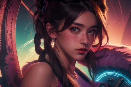 Close Up Portrait, Awesome dark 80s ninja Artwork, Lots of Freckles, Wooly Nude petite girl, camera Focus, neon fluffy, wooly leotard with Cotton/Fur Pantyhose, Long skirt, colorful bright vibrant Art nouveau Background, high quality