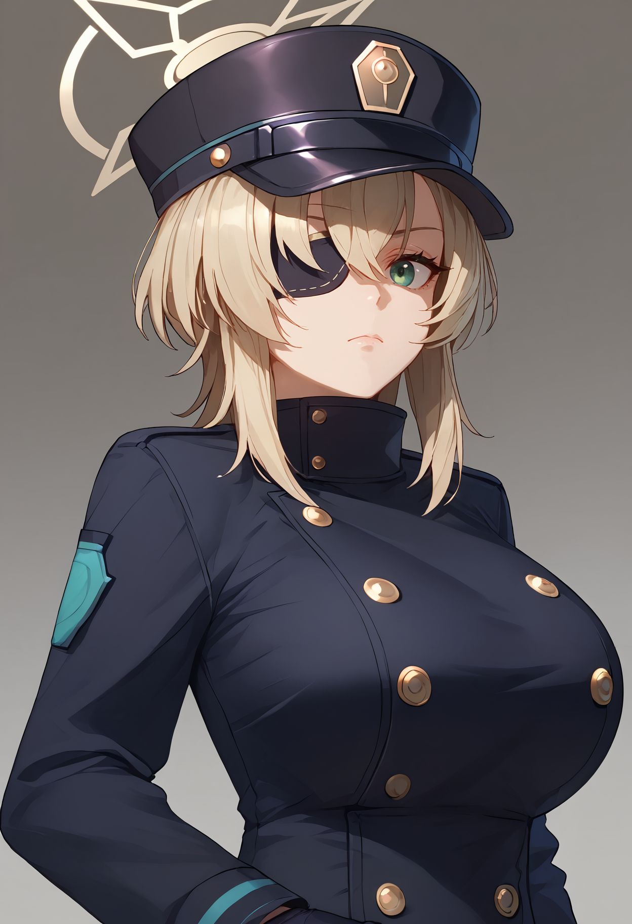score_9,score_8_up,core_7_up, <lora:suou_blue_archive_xl:1>suou-ba, 1girl, solo, breasts, hat, eyepatch, large breasts, gloves, simple background, long sleeves, closed mouth, black headwear, upper body, black gloves, buttons, bangs, peaked cap