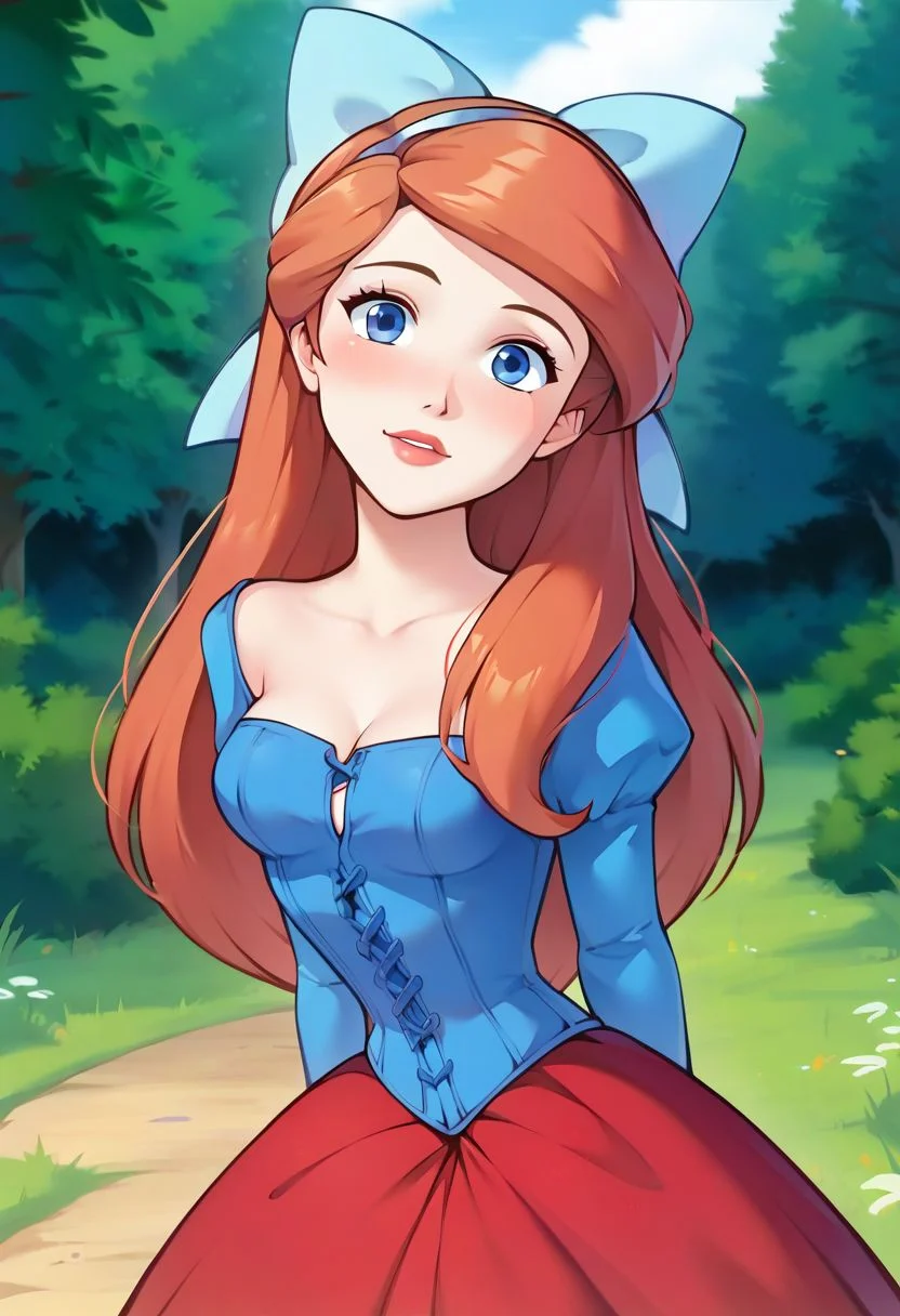 score_9, score_8_up, score_7_up, best quality, masterpiece, uncensored, source_anime BREAK ArielWaifu, Blue eyes, red long hair, hair bow, hair band, blue dress, corset, looking at viewer, hands behind the back
