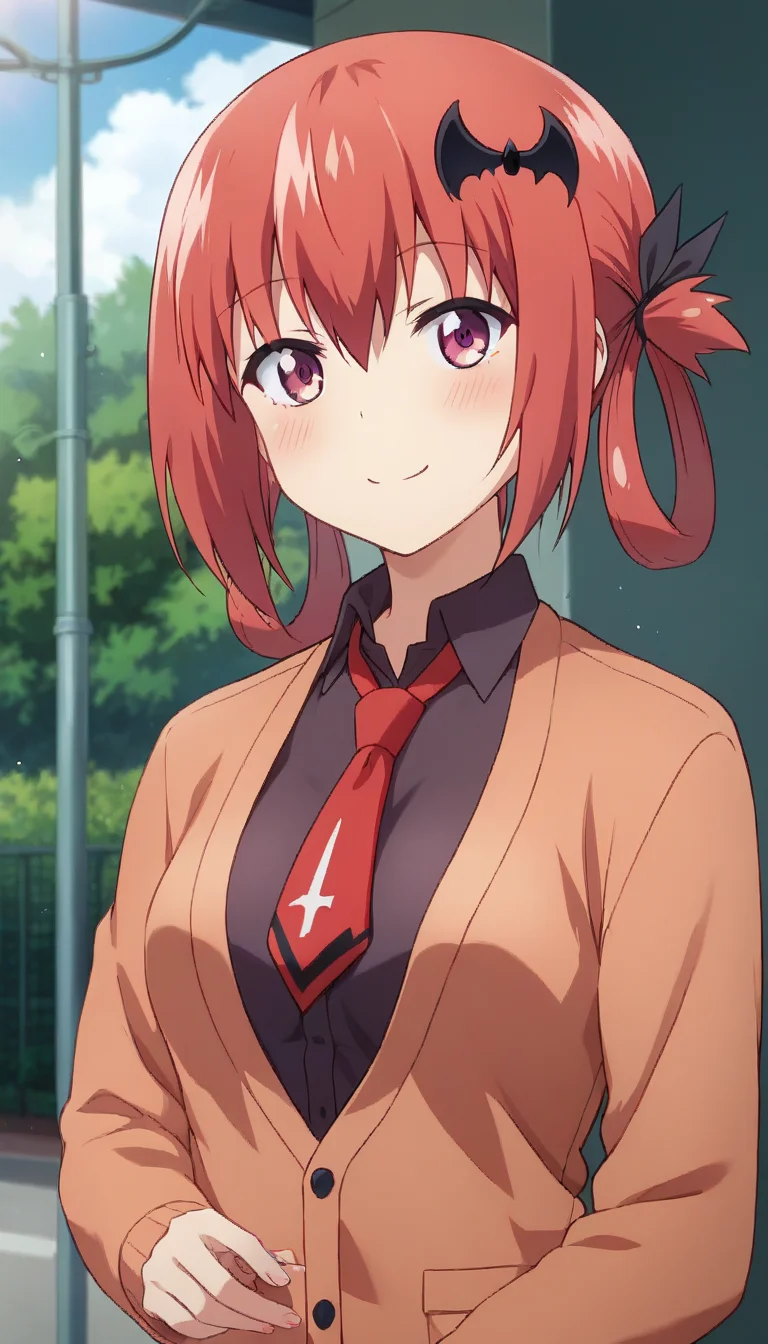 score_9,score_8_up,score_7_up,score_6_up BREAK official art,solo,outdoors,upper body,(portrait:1.5),looking at viewer,facing viewer,smile,blush,Satanichia Kurumizawa McDowell,long hair,red hair,hair rings,black ribbon,bat hair ornament,sidelocks,hair between eyes,bangs,purple eyes,orange cardigan,red necktie,inverted cross,black shirt,collared shirt,medium breasts,red skirt,plaid skirt,pleated skirt,black socks,loafers,<lora:Satanichia Kurumizawa McDowell(gd)-Pony:1.4>,
