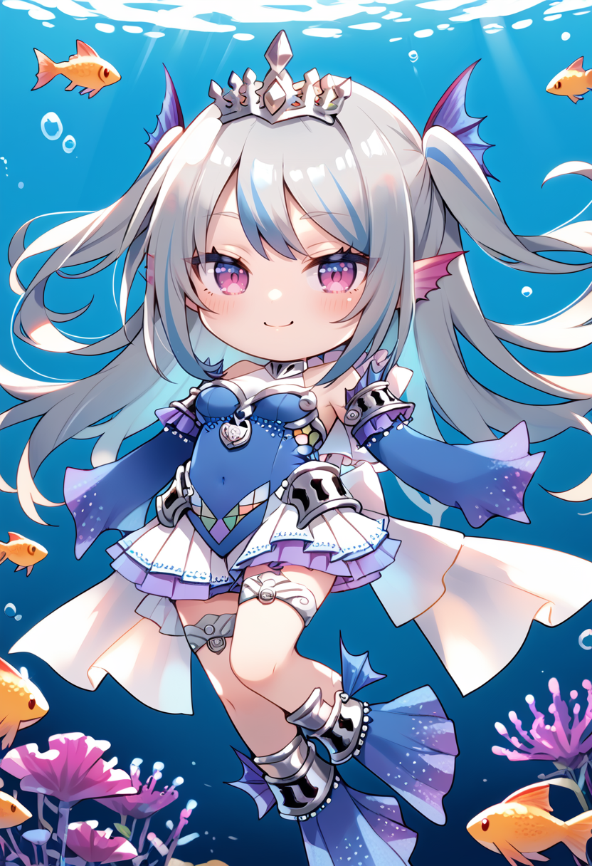(score_9:0.9),score_8_up,score_7_up,rating_explicit,(zPDXL),(zPDXL3),
<lora:Tearlaments Shaylen ponyXL v1.1:0.76>,blue dress,tearlaments shaylen,silver tiara,blue detached sleeves,mermaid,calf fins,fins hair ornament,1girl,solo,chibi,smile,closed mouth,two side up,medium breasts,looking at viewer,silver thigh strap,sleeves past wrists,white pleated skirt,white skin,underwater,