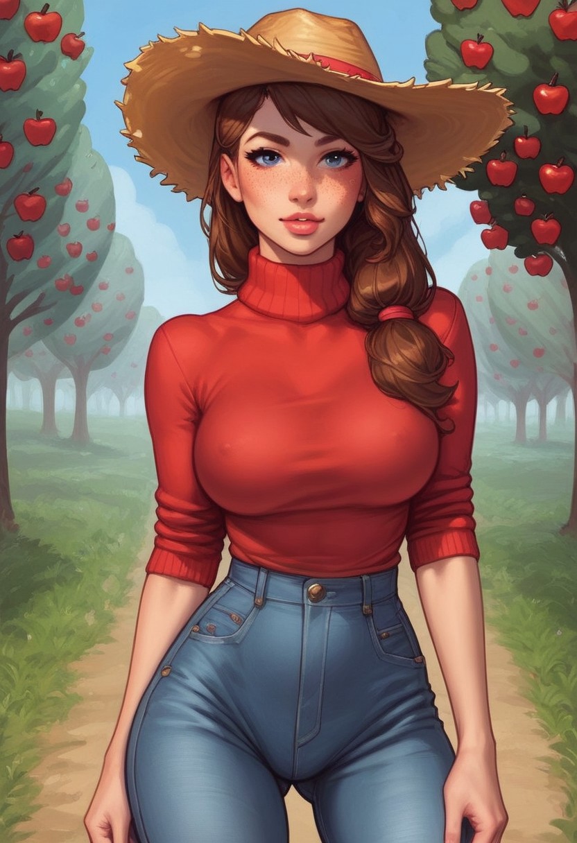 Beauty young clean face, dynamic view, Highly detailed, looking at viewer, from the front 1 girl, illustration, Skinny, masterpiece quality, best quality, realistic drawing, anime style by Sam Yang,
Sharp, highly detailed 2D illustration,
Hyperrealism, soft light, sharp features.
Character Details: 1female, 23 years old, farm jeans clothing, red sweater long brown french braid hair, freckles, (The straw hat), she holds a red apple in hand, blue eyes, bright colors, high resolution, best quality, slim waist, wide hips
BREAK
standing, looking at viewer
BREAK
Dynamic action pose, ((fully clothed))
Background: (apple trees from back:1.9)
score_9, score_8_up, score_7_up, score_6_up, source_cartoon, rating_explicit, Expressive, (((((upper body))))), dynamic pose