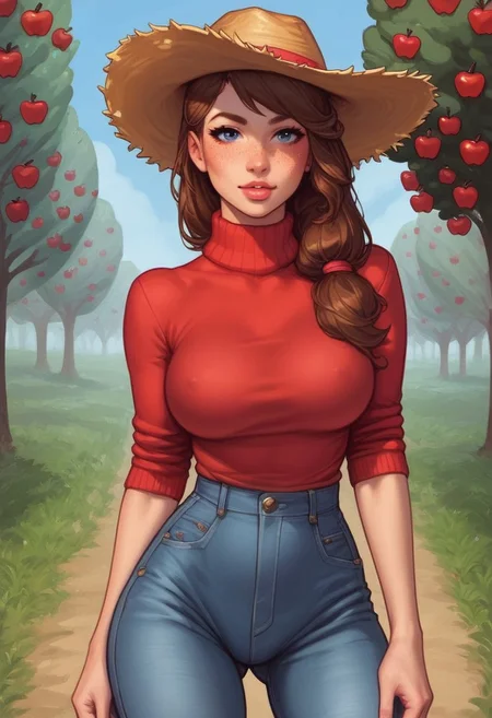 Beauty young clean face, dynamic view, Highly detailed, looking at viewer, from the front 1 girl, illustration, Skinny, masterpiece quality, best quality, realistic drawing, anime style by Sam Yang,
Sharp, highly detailed 2D illustration,
Hyperrealism, soft light, sharp features.
Character Details: 1female, 23 years old, farm jeans clothing, red sweater long brown french braid hair, freckles, (The straw hat), she holds a red apple in hand, blue eyes, bright colors, high resolution, best quality, slim waist, wide hips
BREAK
standing, looking at viewer
BREAK
Dynamic action pose, ((fully clothed))
Background: (apple trees from back:1.9)
score_9, score_8_up, score_7_up, score_6_up, source_cartoon, rating_explicit, Expressive, (((((upper body))))), dynamic pose