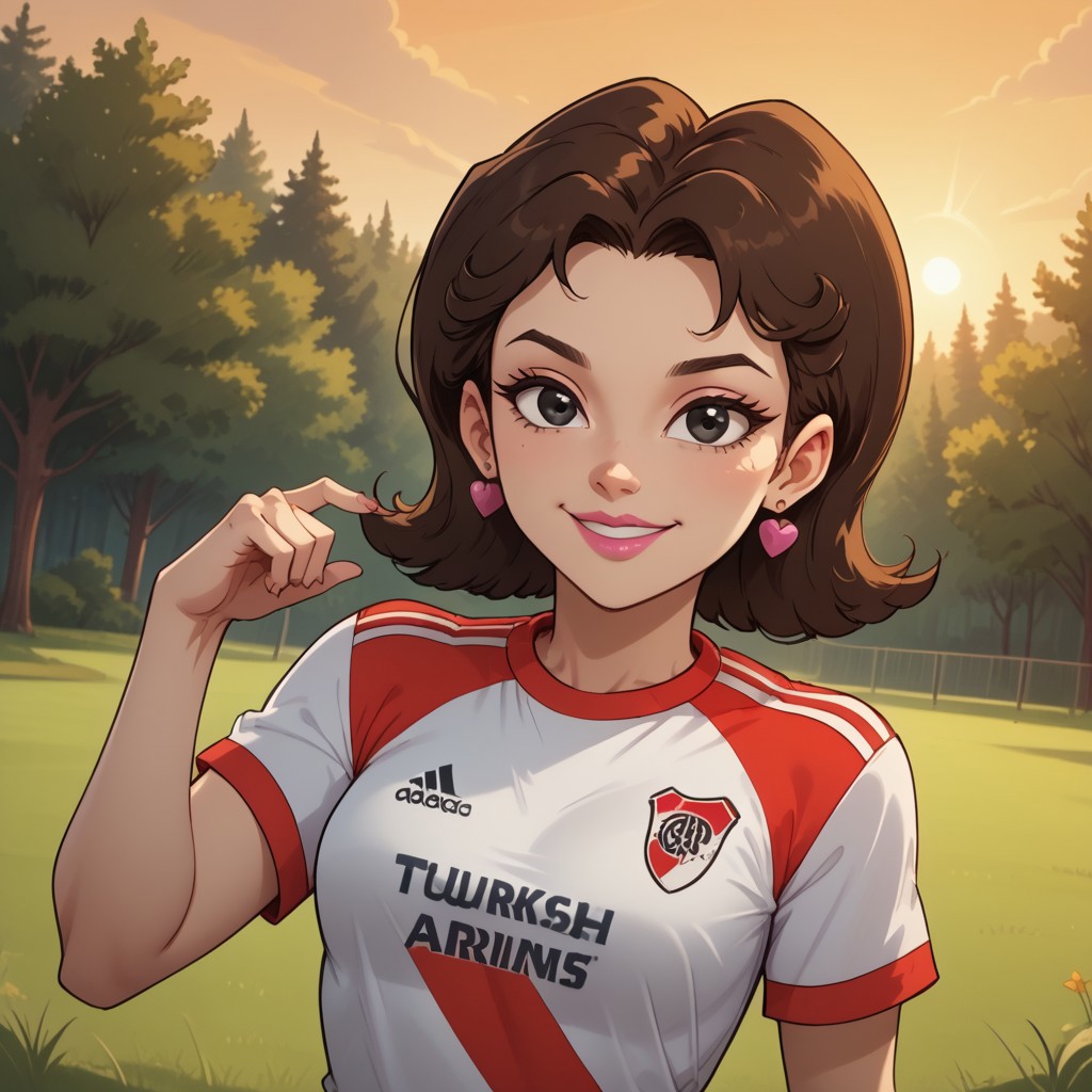 score_9, score_8, BREAK, solo, brown hair, black eyes, pink lips, lipstick, RiverPlate, striped shirt, striped, shirt, white shirt, short sleeves, clothes writing, sportswear, soccer uniform, pink earrings, breasts, Total Drama, Gwens_mother_(Total_Drama), cute, sexy pose, self portrait, smile, outdoors, sunlight, shadows, evening lighting, natural lighting, forest, trees, grass, orange sky, sunset