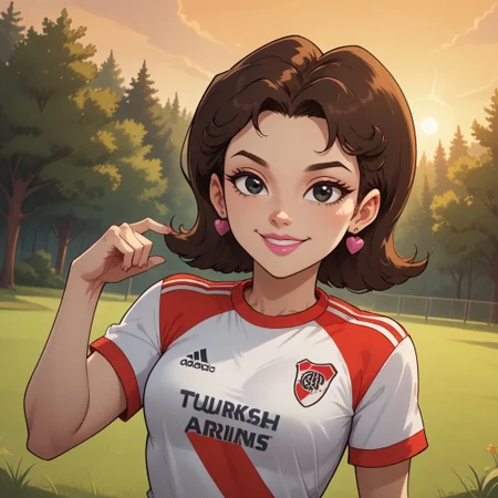 score_9, score_8, BREAK, solo, brown hair, black eyes, pink lips, lipstick, RiverPlate, striped shirt, striped, shirt, white shirt, short sleeves, clothes writing, sportswear, soccer uniform, pink earrings, breasts, Total Drama, Gwens_mother_(Total_Drama), cute, sexy pose, self portrait, smile, outdoors, sunlight, shadows, evening lighting, natural lighting, forest, trees, grass, orange sky, sunset