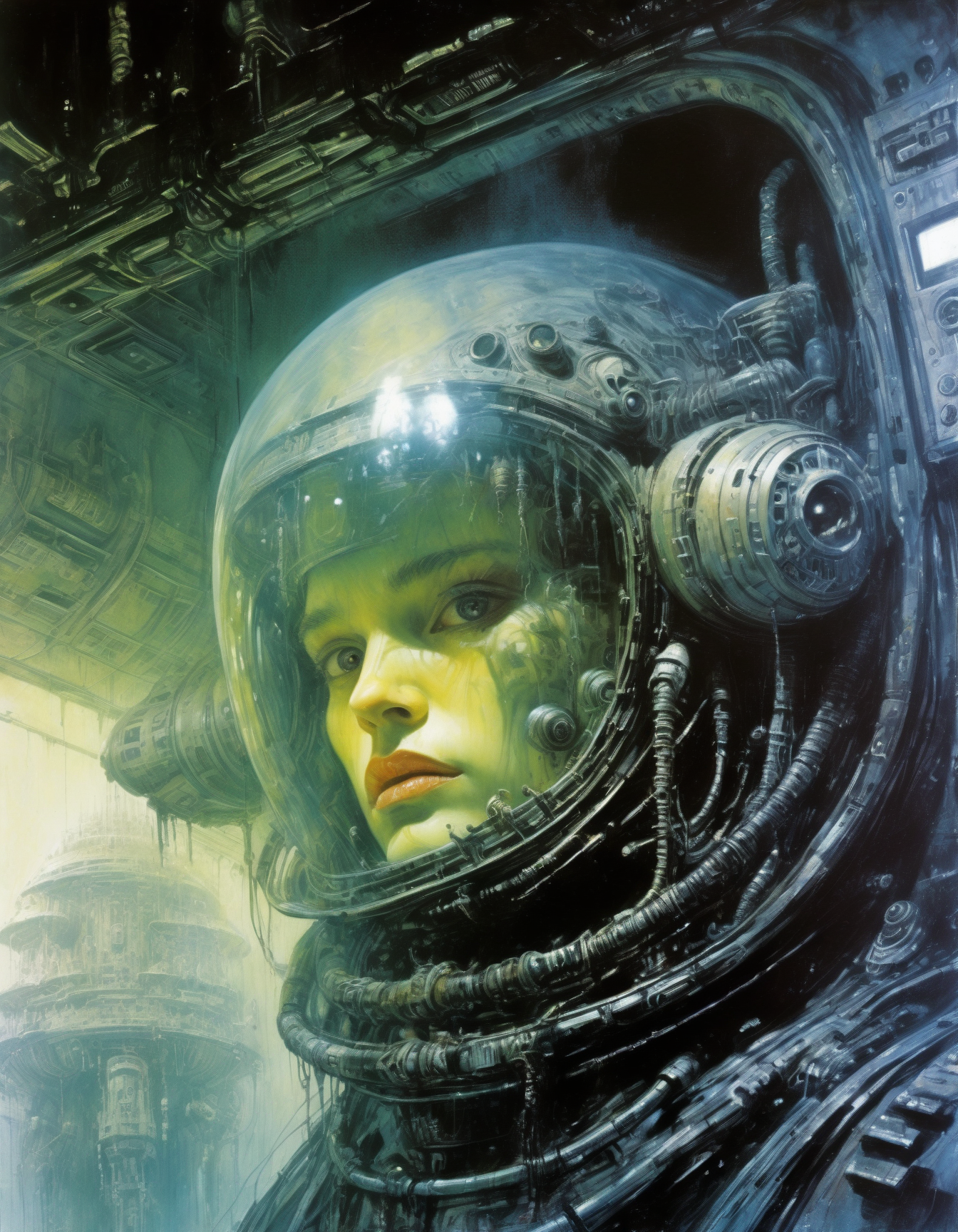 leogirl, "Close-up, front-facing view of a scavenger, his face reflecting horror, within the chilling confines of a derelict space station. Sharp contrasts, lavishly intricate, drawing from H.R. Giger", surrealism, weird and pissed off, oil on canvas, dry brush, <lora:John Berkey Style:0.9>, John Berkey Style