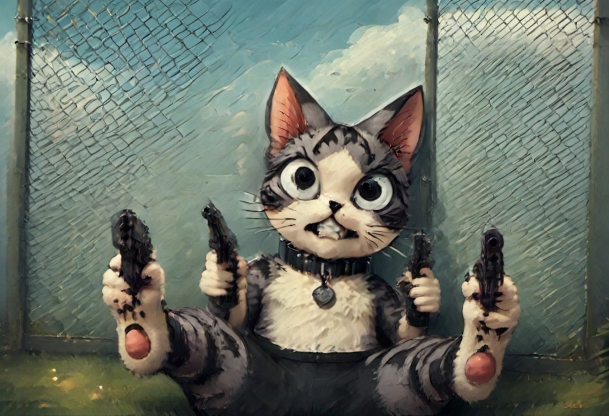 score_9, score_8_up, score_7_up, score_6_up, score_5_up, score_4_up, source_anime, BREAK intrepid, clenched teeth, ChiYamada, cat, black eyes, no humans, dual pistols, shooting, collar, chained, on back, legs up, grass, detailed chain link fence, best quality, very aesthetic, furry, anthro, realistic detail, realistic fur