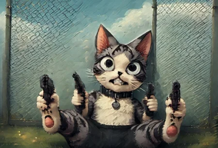 score_9, score_8_up, score_7_up, score_6_up, score_5_up, score_4_up, source_anime, BREAK intrepid, clenched teeth, ChiYamada, cat, black eyes, no humans, dual pistols, shooting, collar, chained, on back, legs up, grass, detailed chain link fence, best quality, very aesthetic, furry, anthro, realistic detail, realistic fur