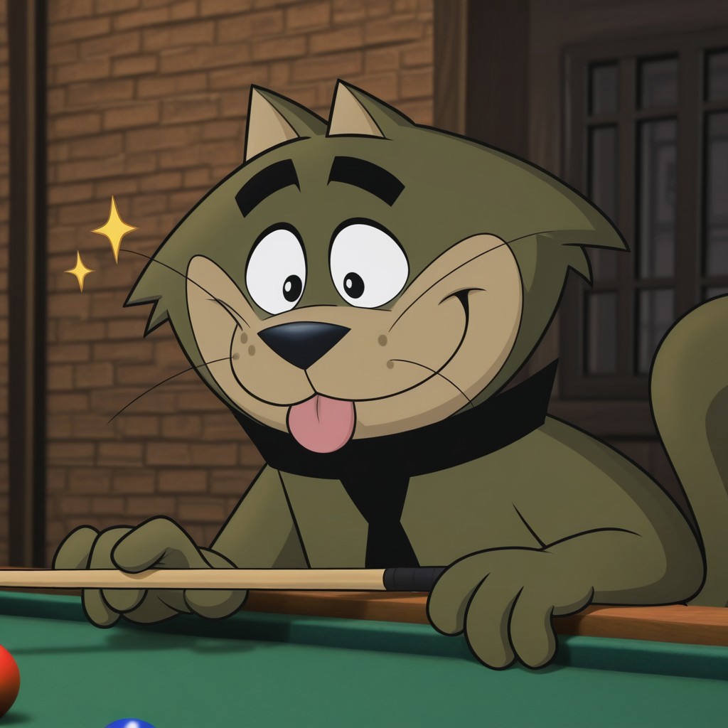 2d, 2d (artwork), 1boy, solo, TCSpook, feline, cat, male, olive green fur, olive green body, black nose, whiskers, beige muzzle, black eyebrows, thick eyebrows, freckles, black eyes, tail, black necktie
BREAK indoors, leaning over, focused, pool table, confident, holding pool stick, sparkles, bar emanata, tongue out, smiling
BREAK best quality, amazing quality, very aesthetic, absurdres, newest, masterpiece
