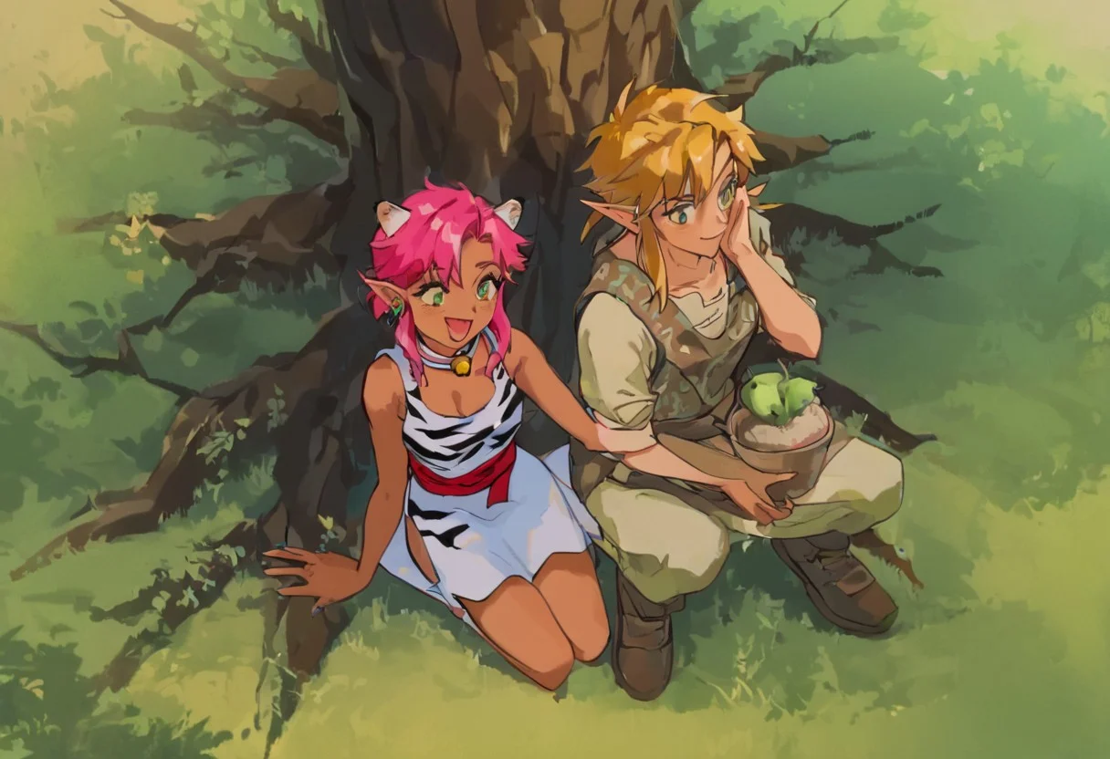 score_9, score_8_up, score_7_up, score_6_up, Masterpiece, source_anime screenshot, duo, 1 girl, 1 boy, vivid colors, retro anime style, high-res, beautiful aesthetic, very intricate, high-quality details, vibrant, highly detailed, award-winning, professional, <lora:pink-ponyxl-v2:1>, open mouth smile, single fang showing, sleeveless dress, white tiger print dress, pelvic curtain, cleavage, white cat ears, cat bell necklace, bright pink hair, tanned, white tiger tail, red sash, small breasts, leather shoes, detailed eyes, green eyes, detailed face, BREAK score_9, score_8_up, score_7_up, score_6_up, Masterpiece, source_anime, 1 girl, 1 boy, vivid colors, anime style, high-res, beautiful aesthetic, very intricate, high-quality details, vibrant, highly detailed, award-winning, professional, <lora:link:0.8> link1, link, soft smile, pointy ears, blonde hair, blue eyes, medium hair, side locks, earrings, short ponytail, blue hylian tunic
Break
Hyrule field, legend_of_zelda, trees, grass, flowers, pink and link feeding each other apples, under a big apple tree, sitting under the tree,