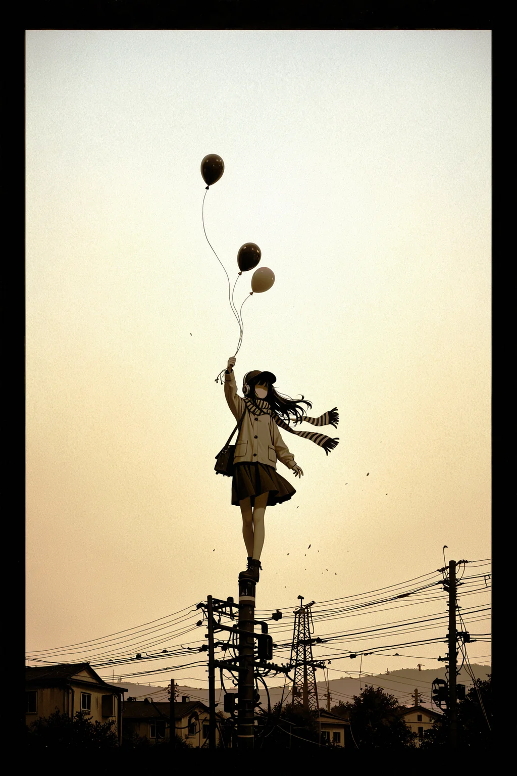 masterpiece, best quality, amazing quality, ultra-detailed, absurdres, highly detailed, 1girl, long hair, floating hair, solo, holding balloon, bag, balloon, black border, border, fading border, hat, headphones, negative space, on top of pole, power lines, scarf, sepia, silhouette, solo, standing, striped clothes, striped scarf, utility pole, wide shot, black hair, outdoors, sky, scenery, surreal, faceless female, skirt