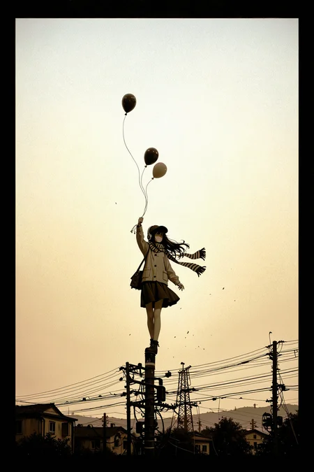 masterpiece, best quality, amazing quality, ultra-detailed, absurdres, highly detailed, 1girl, long hair, floating hair, solo, holding balloon, bag, balloon, black border, border, fading border, hat, headphones, negative space, on top of pole, power lines, scarf, sepia, silhouette, solo, standing, striped clothes, striped scarf, utility pole, wide shot, black hair, outdoors, sky, scenery, surreal, faceless female, skirt