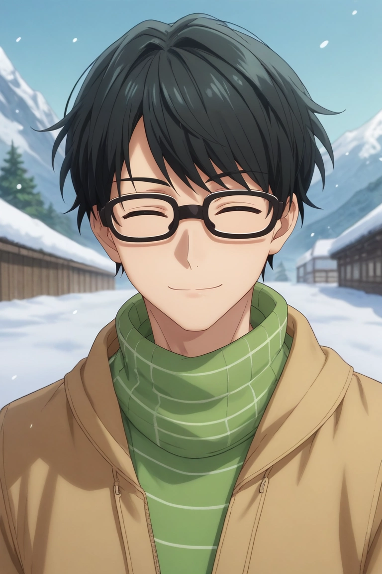 score_9, score_8_up, score_7_up, , rating_safe, , , looking at viewer, depth of field, 1boy, solo, male focus, <lora:tasuku_kuresawa_pony:0.76>, tasuku_kuresawa, black hair, green eyes, short hair, glasses, straight-on, snowy mountain, noon, victory pose, (closed eyes:1.2), smile, , <lora:sdxl_lightning_8step_lora:1>