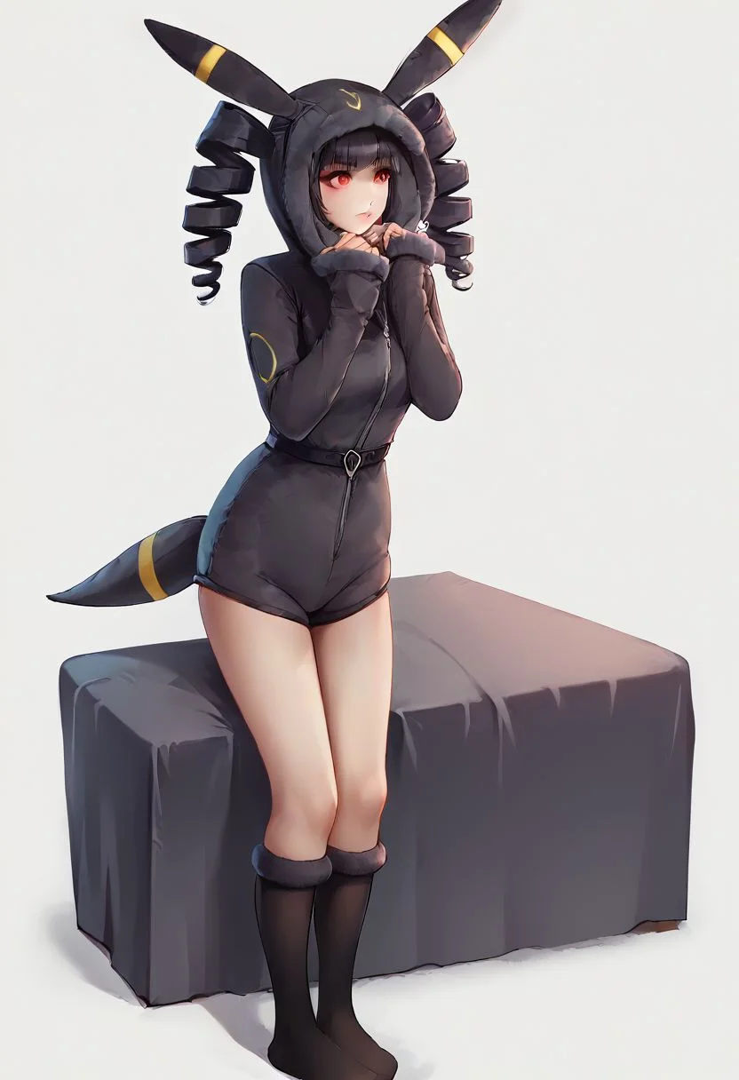 score_9, score_8_up, score_7_up, score_6_up, score_5_up, score_4_up, 1girl, celestia ludenberg, long hair, bangs, black hair, red eyes, long sleeves, twintails, drill hair, twin drills, curvy, source_anime, ears, hood up, onesie, tail, knee high socks, umbr30n, <lora:umbr30nXLP:0.6> full body, bedroom background, sitting on bed