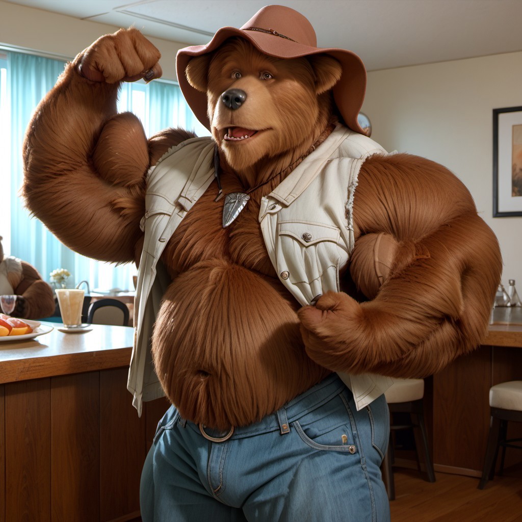 ((big bear, big belly, hand paws on his side, standing tall, brown fur, bara, tall brown bear, flexing arm, jeans, bulge, open vest, hat, hyper muscles, giant, giant looming, big pecs, huge pecs, muscle gut, huge jaw, huge chin, vascular, bodybuilder, masculine face, (perfect hands), indoors))
