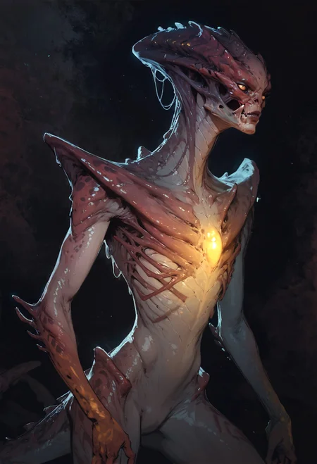 score_9, score_8_up, score_7_up,  alien creature, otherworldly, black scales, thin eyes, red theme, black background, (glowing chest, golden glow:1.1)  <lora:pony/twilight_style:0.8> concept art, realistic <lora:pony/alien_concept_art:0.8> <lora:sdxl/sinfully_stylish_sdxl> <lora:pony/potat_alienfier:-0.8>