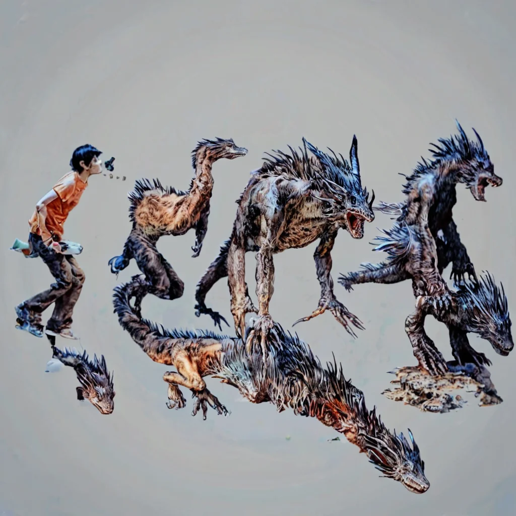 Realistic, score_9, score_8_up, score_7_up, darwintheory, man evolving, 5 stage evolution, on a flat white background, a dragon turning into a man , darwintheory, in the style of anime <lora:evolutionPonyXL:1> , darwintheory, animal evolving, anime style
