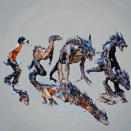 Realistic, score_9, score_8_up, score_7_up, darwintheory, man evolving, 5 stage evolution, on a flat white background, a dragon turning into a man , darwintheory, in the style of anime <lora:evolutionPonyXL:1> , darwintheory, animal evolving, anime style