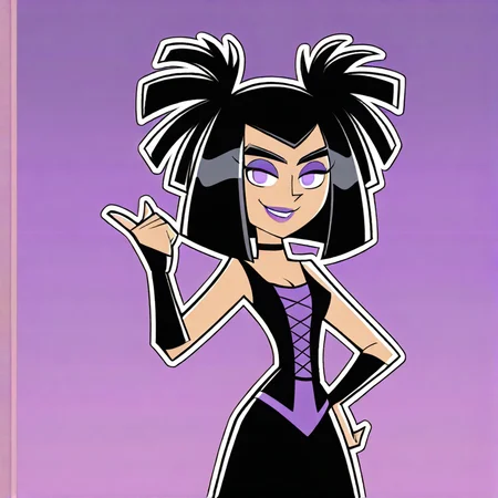 <lora:sammansonillustrious:0.7>, sammanson, two side up, 1girl, solo, smile, black hair, dress, purple eyes, hand on hip, makeup, lipstick, purple lipstick