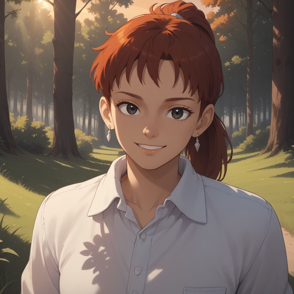 score_9, score_8, BREAK, solo, red hair, ponytail, black eyes, earrings, collared shirt, long sleeves, jeans, shoes, Fio_Piccolo_(Porco_Rosso), cute, sexy pose, self portrait, smile, outdoors, sunlight, shadows, evening lighting, natural lighting, forest, trees, grass, orange sky, sunset