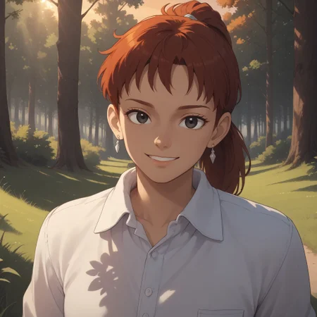score_9, score_8, BREAK, solo, red hair, ponytail, black eyes, earrings, collared shirt, long sleeves, jeans, shoes, Fio_Piccolo_(Porco_Rosso), cute, sexy pose, self portrait, smile, outdoors, sunlight, shadows, evening lighting, natural lighting, forest, trees, grass, orange sky, sunset