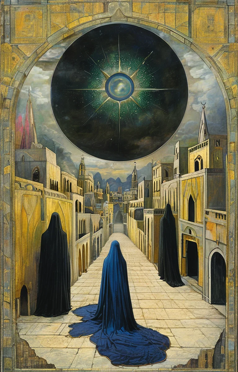 masterpiece,best quality,<lora:tbh147-sdxl:1>,illustration,style of Paul Laffoley Nazgul over sleeping town