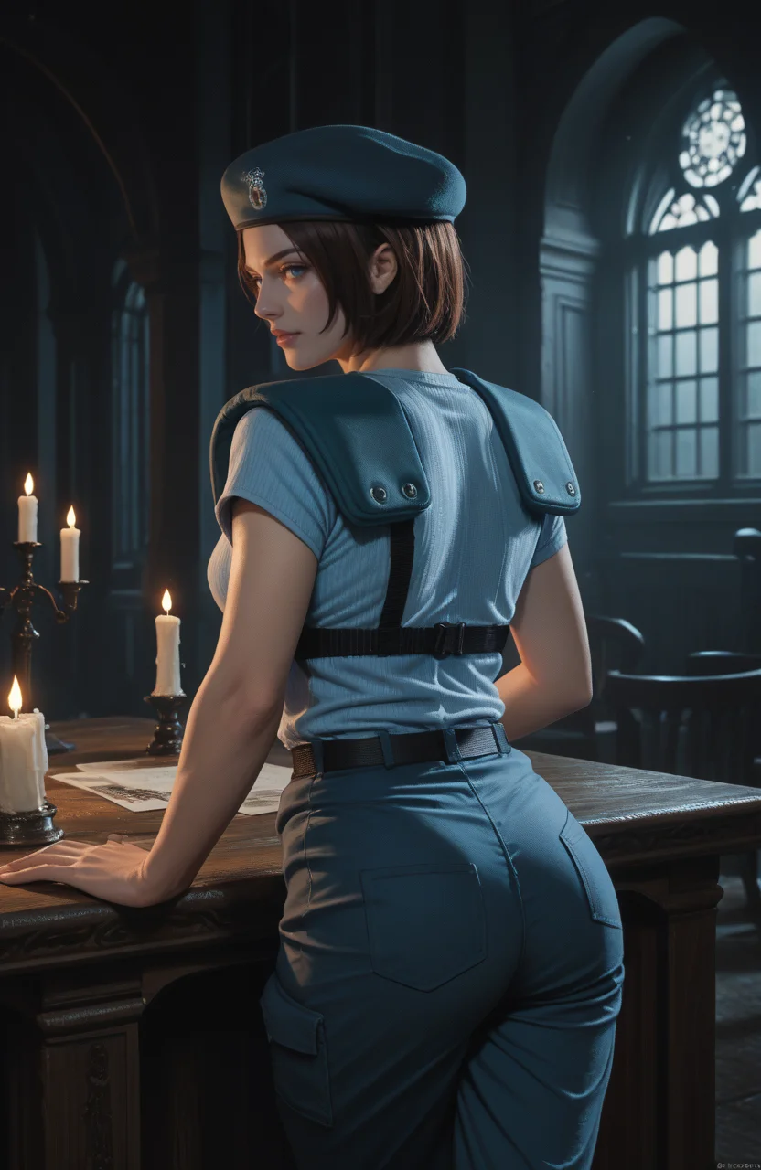 score_9, score_8_up, score_7_up, score_6_up, score_5_up, score_4_up, source_anime, realistic, photoshop \(medium\), <lora:REJill_t1-000022-128:1.0> RE1Jill, blue eyes, brown bob cut, beret
, from behind, ass, leaning against table
, dark environment, mansion, indoors, moody lighting