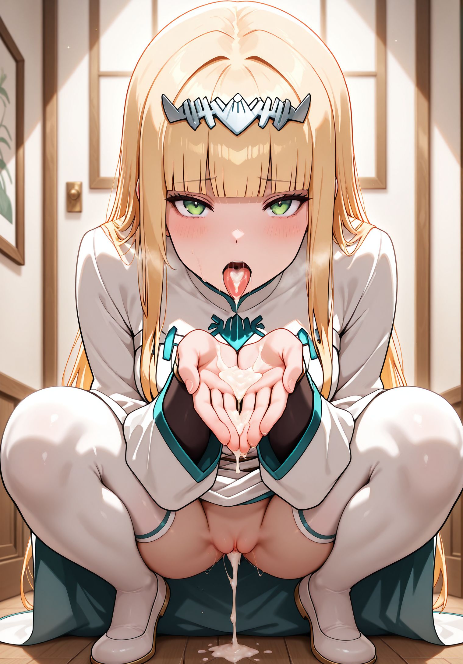 masterpiece,best quality,amazing quality,very aesthetic,absurdres,newest, huge filesize,
<lora:spo_sdxl_10ep_4k-data_lora_webui:0.5>,
<lora:add-detail-xl:1> 
<lora:cum_on_hands____cum_on__tissue:0.5>cum on hands,
 cumdrip, cum from mouth, Sperm coming out of mouth,
Use hands to catch sperm, open mouth, tongue out,  face down,looking at viewer, cupping hands, hand together,saliva, saliva trail, 
 cum on tongue , cumdrip onto hands,  hand up, from below, squatting, pussy, after fellatio, 1man,pov penis,
looking at viewer, cum in pussy, cum overflow, cumdrip, 
hair hair ornament, 
1girl,solo, hand on breasts, full body, 
<lora:overlord_The_Sacred_Kingdom_V2:1>overlord_V2,
 sidelocks,  white robe,  long sleeves,white fingerless gloves, 
long hair. green eyes,  white dress, blunt bangs,  
blonde hai, white shoes, long skirt,
white dress,
white thighhighs.
o_calca, human female,blackout curtain,
