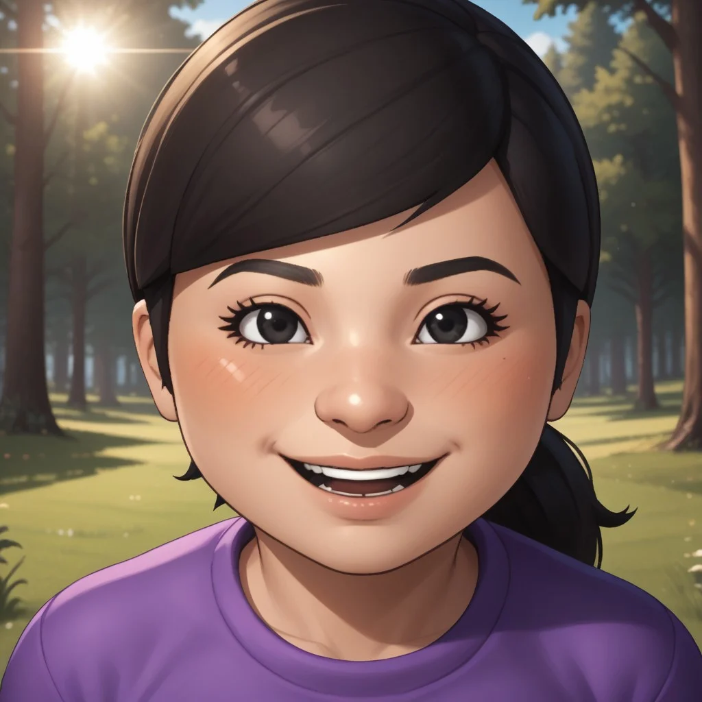 score_9, score_8, BREAK, solo, mii, wii u, wii sports club, 1girl, female mii, cute, black hair, ponytail, black eyebrows, black eyes, open mouth, teeth, blush, purple clothing, black pants, sneakers, small breasts, Pian-Pian_(\Wii_Sports_Club\), mature woman, Nintendo Mii, modern_mii, classic_mii, sexy pose, smile, outdoors, sunlight, shadows, evening lighting, natural lighting, forest, trees, grass, orange sky, sunset