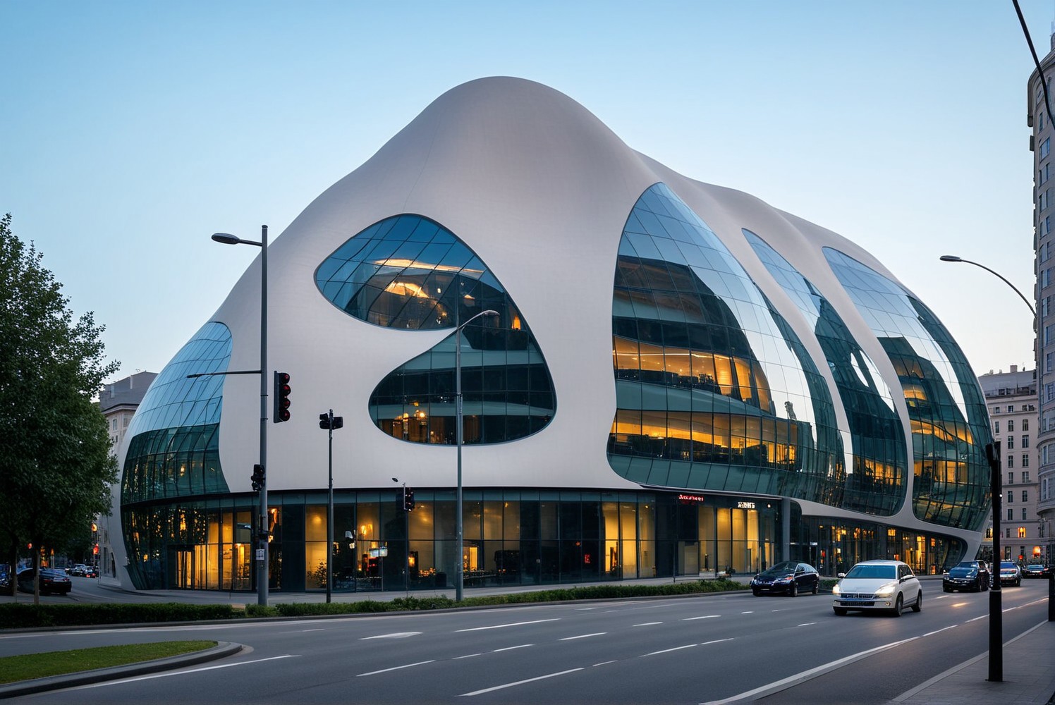<lora:YourBlobitecture_XL:1> , ((blobitecture)), ((masterpiece)), ((best quality)), scenery, outdoors, sky, building, day, tree, city, real world location, road, motor vehicle, lamppost, window, reflection, curvy, curtain wall, glass,, photography, capturing moments, storytelling, creative composition