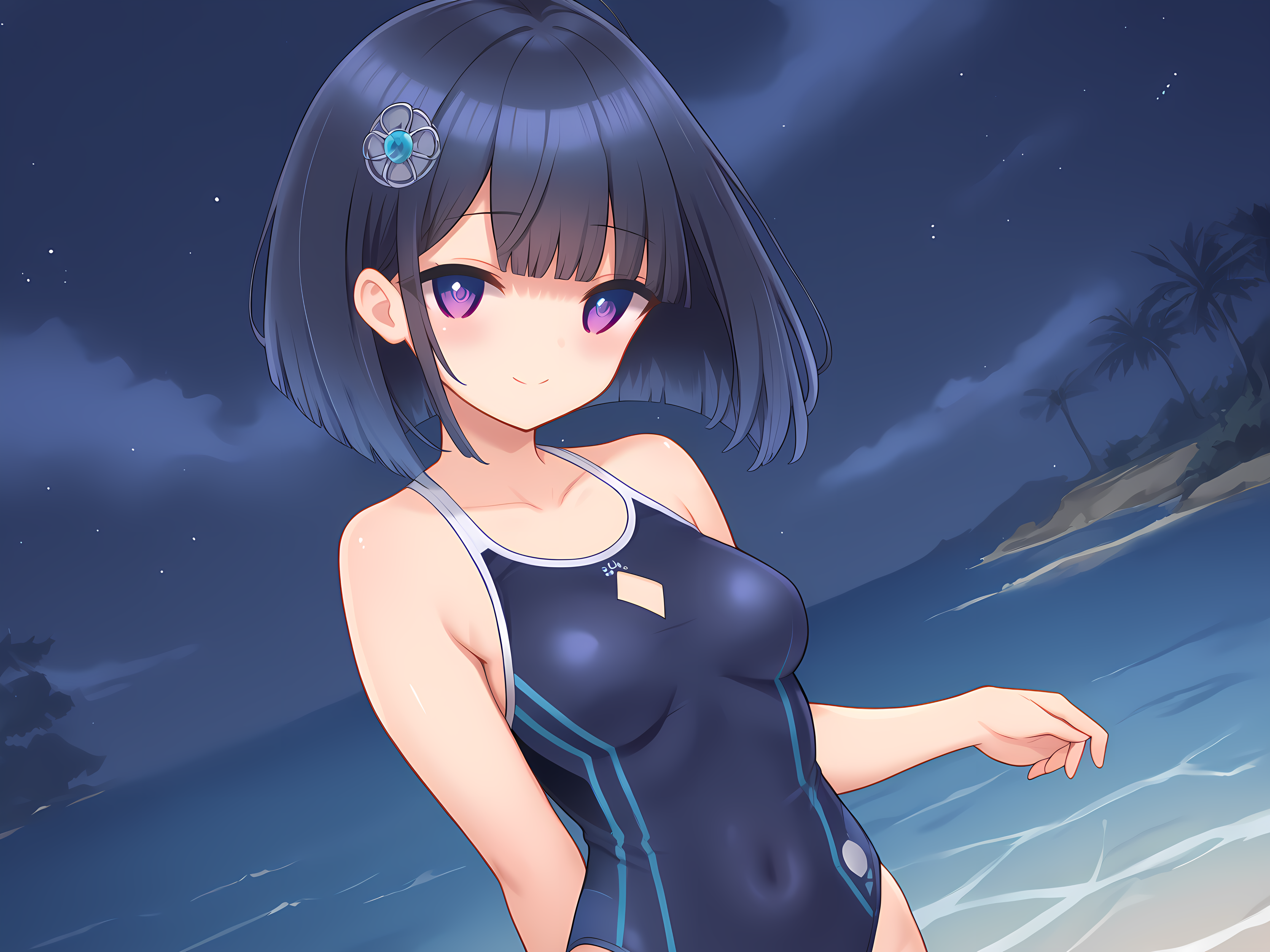 shimo,shizuha,medium breasts,short hair,black hair,purple eyes,multicolored eyes,outdoors,moonlight,night sky,seductive smile,looking at viewer,<lora:Selenoxia_-_Shizuha_-_Shimobashira_Workshop>,swimsuit,, score_9, score_8_up, score_7_up,source_anime,(masterpiece),(best quality),(ultra-detailed),(best illustration),(best shadow),(absurdres),(detailed background),(very aesthetic),source_anime