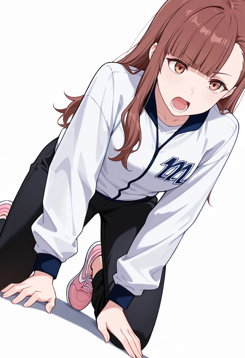 masterpiece,high quality details, absurdres,
<lora:Nagisa_Satou:0.8>
nagisa_cnr, 1girl, brown hair, long hair, blunt bangs, asymmetrical bangs, brown eyes,
sportswear, white shirt, white jacket, long sleeves, black pants, pink sneakers,, simple background, white background, dutch angle,solo,, pensive,screaming,