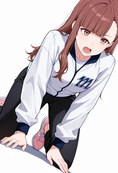 masterpiece,high quality details, absurdres,
 <lora:Nagisa_Satou:0.8>
nagisa_cnr, 1girl, brown hair, long hair, blunt bangs, asymmetrical bangs, brown eyes, 
sportswear, white shirt, white jacket, long sleeves, black pants, pink  sneakers,, simple background, white background, dutch angle,solo,, pensive,screaming,