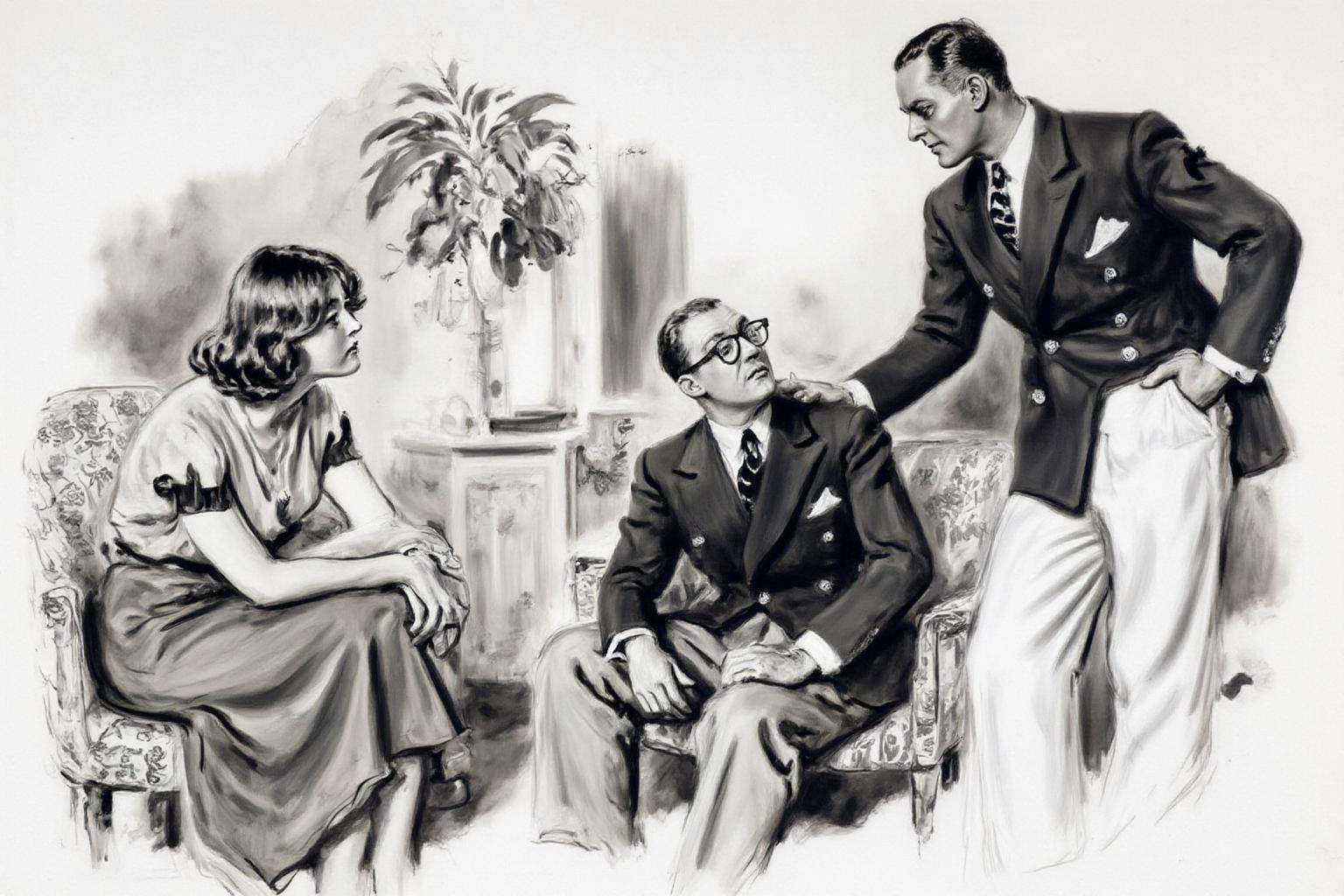 jamesmontgomeryflagg1 illustration.
Monochrome image of three individuals: one standing and two seated. On the right stands a man in a dark suit with a white shirt and tie, leaning slightly forward. On the left, a young woman in a light-colored dress sits on a chair, looking up at the standing figure. The seated man in the middle wears glasses and a dark suit, with hands resting on his lap. The background features a decorative interior with a large plant and ornate furniture. <lora:jamesmontgomeryflagg1_cap_d8a4e12:1.0><lora:859157195432922933:0>
