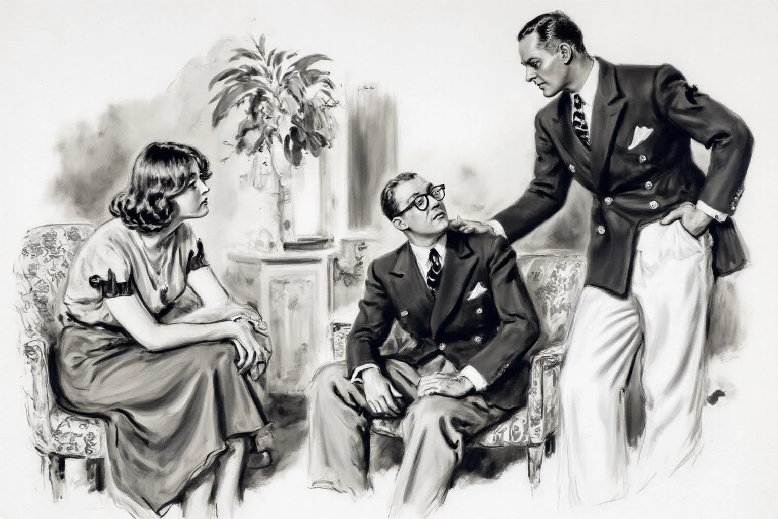 jamesmontgomeryflagg1 illustration.
Monochrome image of three individuals: one standing and two seated. On the right stands a man in a dark suit with a white shirt and tie, leaning slightly forward. On the left, a young woman in a light-colored dress sits on a chair, looking up at the standing figure. The seated man in the middle wears glasses and a dark suit, with hands resting on his lap. The background features a decorative interior with a large plant and ornate furniture. <lora:jamesmontgomeryflagg1_cap_d8a4e12:1.0><lora:859157195432922933:0>