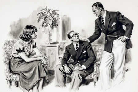 jamesmontgomeryflagg1 illustration.
Monochrome image of three individuals: one standing and two seated. On the right stands a man in a dark suit with a white shirt and tie, leaning slightly forward. On the left, a young woman in a light-colored dress sits on a chair, looking up at the standing figure. The seated man in the middle wears glasses and a dark suit, with hands resting on his lap. The background features a decorative interior with a large plant and ornate furniture. <lora:jamesmontgomeryflagg1_cap_d8a4e12:1.0><lora:859157195432922933:0>