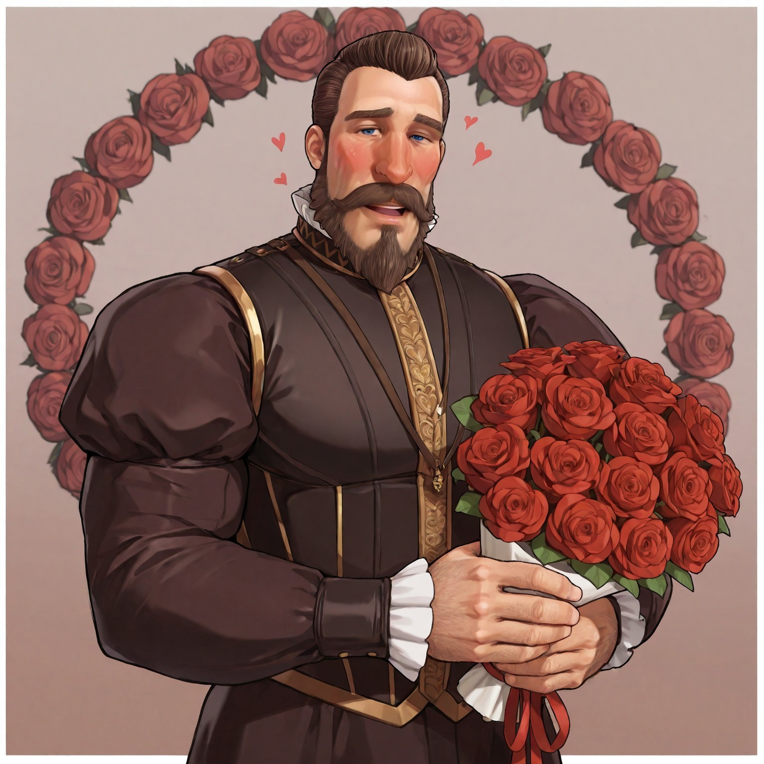masterpiece, best quality, newest, absurdres, highres, Diz_D00dz, white borders around characters, soft light, BREAK, 1man, 1boy, PhilipIICIVVI, blue eyes, brown hair, short hair, facial hair, beard, mustache, goatee beard, slick back hair, fleshy nose {{beefy}}, {{muscular}}, {{large}}, red roses on background, hearts, blushing, romantic atmosphere, loving look, looking at the viewer, holding a bouquet of roses