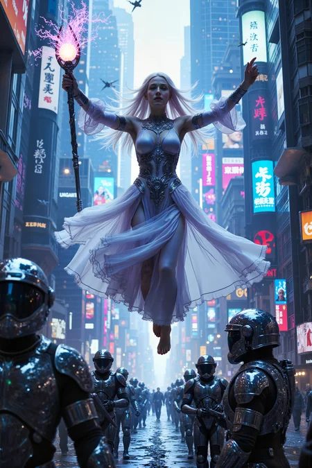 A professional photograph of At the heart of a neon-lit megacity, a sorceress with iridescent, silver hair and pale lavender skin hovers in the air, her robes flowing as they pulse with intricate circuitry woven into the fabric. Below her, the city streets are a mix of towering skyscrapers and floating platforms, with holographic advertisements flickering amidst ancient stone ruins that have been built into the very fabric of the futuristic metropolis. In one hand, she holds a staff made of sleek chrome and ancient runes, its tip glowing with a swirling orb of raw energy. Across from her, a squadron of heavily-armored cyber-soldiers moves in unison, their glowing visors scanning her as they raise their energy rifles, ready to strike. Above, flying drones buzz through the sky, casting long shadows over the cityâs underbelly where slums and tech debris create a labyrinthine maze. The air is thick with the hum of machinery and the low murmur of distant engines, but a sudden gust of wind, infused with the sorceressâs arcane power, causes the cityâs power grid to flicker. The scene is a tense standoff between the arcane and the technological, where ancient magic confronts the cold precision of a cybernetic army.<lora:aidmaMJ6.1-FLUX-V0.1:0.6><lora:Movie_Portrait><lora:Flux DetailerV2>