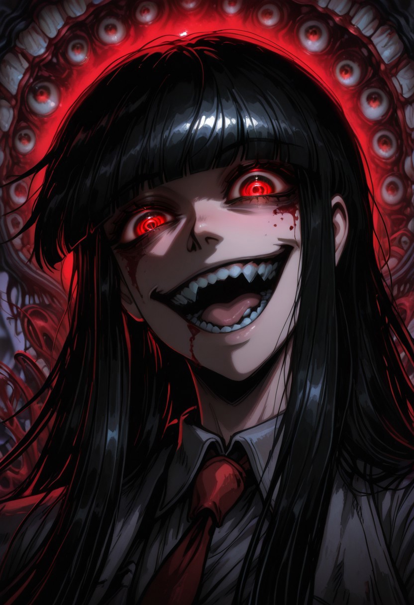 masterpiece, best quality, amazing quality, intricate detail, highly detailed, absurdres, mythp0rt,
(@_@), (demonic smile with teeth), glowing eyes, red eyes, (complete psycho), (obsessive look, insane, head tilt, going mentally insane, expressive, expressive background),
BREAK
Girlycard, solo, 1girl, female focus, female, black hair, long hair, hime cut, blunt bangs, red eyes,
BREAK
horror, solo, blood, tongue, teeth, open mouth, long hair, blood on face, close-up