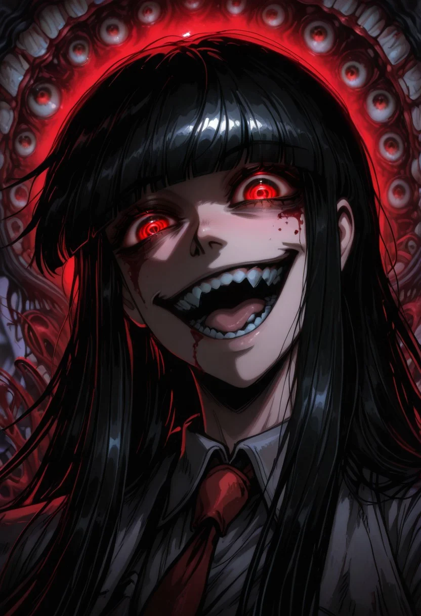 masterpiece, best quality, amazing quality, intricate detail, highly detailed, absurdres, mythp0rt,
(@_@), (demonic smile with teeth), glowing eyes, red eyes, (complete psycho), (obsessive look, insane, head tilt, going mentally insane, expressive, expressive background),
BREAK
Girlycard, solo, 1girl, female focus, female, black hair, long hair, hime cut, blunt bangs, red eyes,
BREAK
horror, solo, blood, tongue, teeth, open mouth, long hair, blood on face, close-up