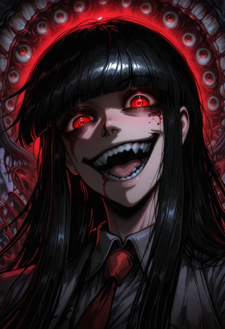 masterpiece, best quality, amazing quality, intricate detail, highly detailed, absurdres, mythp0rt,
(@_@), (demonic smile with teeth), glowing eyes, red eyes, (complete psycho), (obsessive look, insane, head tilt, going mentally insane, expressive, expressive background),
BREAK
Girlycard, solo, 1girl, female focus, female, black hair, long hair, hime cut, blunt bangs, red eyes,
BREAK
horror, solo, blood, tongue, teeth, open mouth, long hair, blood on face, close-up