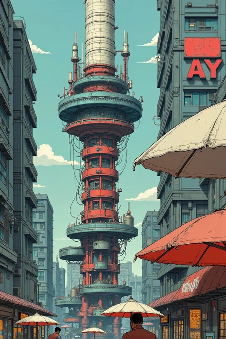 , sharp photo of an illustration of a futuristic cityscape with a tall tower in the center. The tower is made up of multiple layers of red and blue colors, with a white cylindrical structure at the top. The structure has multiple antennas and wires attached to it, and it appears to be made of metal. On the left side of the tower, there are several buildings with balconies and balconies, and on the right side, there is a tall building with a red sign that reads "KAY". The sky is a light blue color, and there are a few clouds in the background. At the bottom of the image, two people can be seen walking on the street, with umbrellas in front of them. The overall mood of the illustration is vibrant and lively.