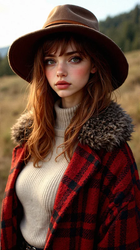 Woman in Fuzzy Hat and Oversized Sweater
Extreme emphasize on photorealistic, realistic detail, and background detail,