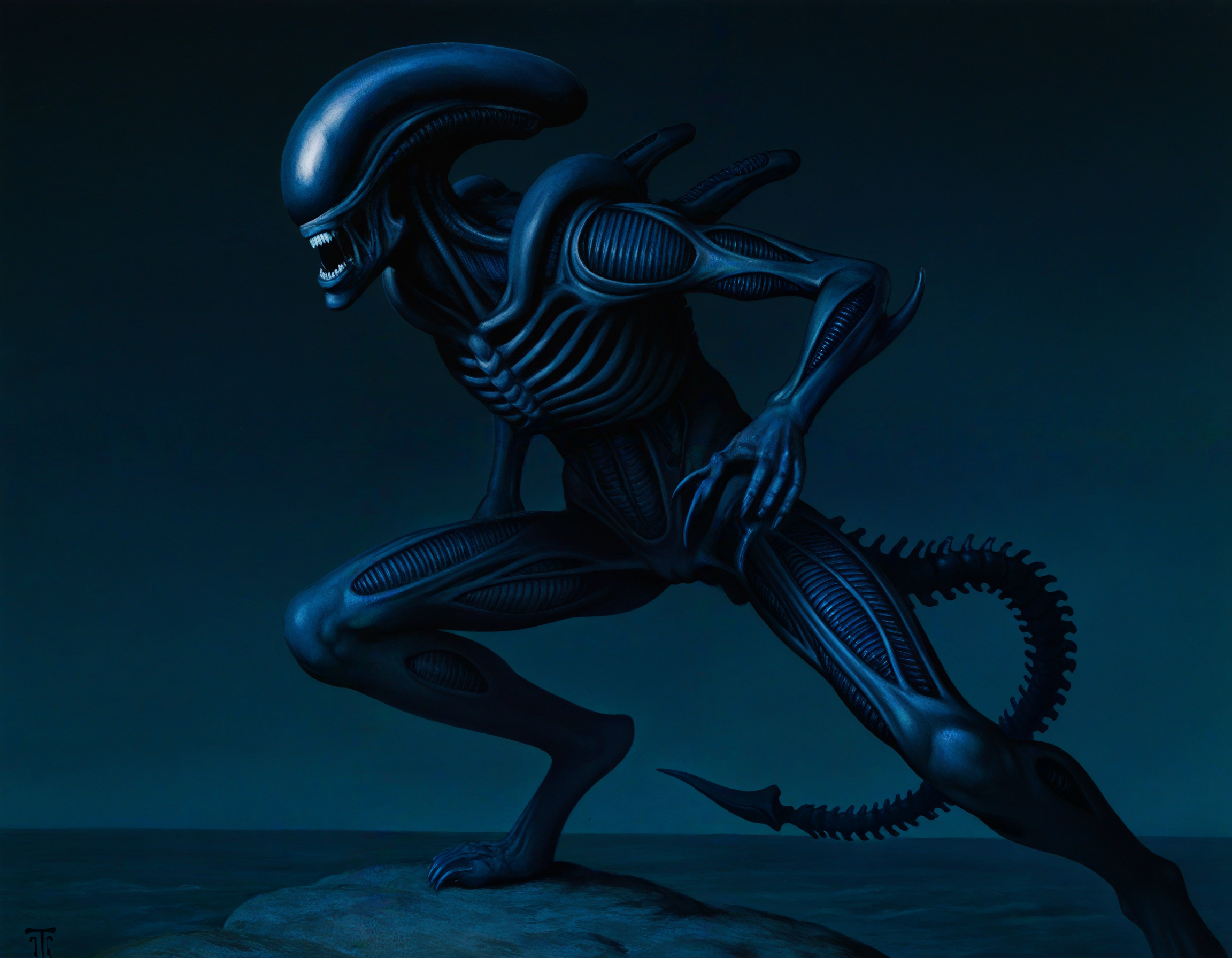 by thoma, xenomorph, action-pose, from-side ,newest, masterpiece, best quality, absurdres, highres, general