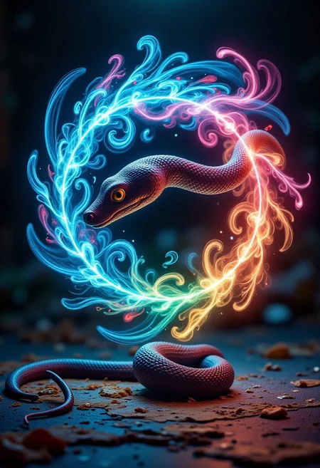 An ultra-detailed photograph of a cute snake summoned by a Moroccan snake charmer, mid air, whirlwind auralora action energy around him, in a prismatic forest with strange and unknown plants and animals, mystical, stunning, highly detailed, award winning, cinematic still, dreamlike, otherworldly, swirling energy surrounds the fox, vivid colors, dramatic lighting, by night, digital art, intricate patterns, highly detailed, aidmaimageupgrader